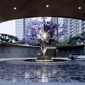 Circular Garden Landscape With Purple Flowering Tree Paved Ground People And Car