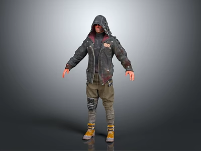 Detailed 3D Hooded Character Wearing Distressed Jacket Cargo Pants Knee Pads And Yellow Shoes 3d model