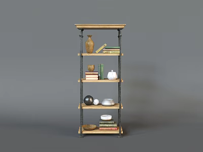 Multi tier Wooden and Metal Shelving Unit with Vases Books Bowls and Decorative Items 3d model