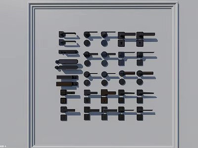 Various Modern Door Handle Designs Arranged in Grid on White Display Panel 3d model
