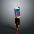 Vibrant Colorful Rocket Model With Blue Yellow Design And Flame Thrusters For Space Exploration