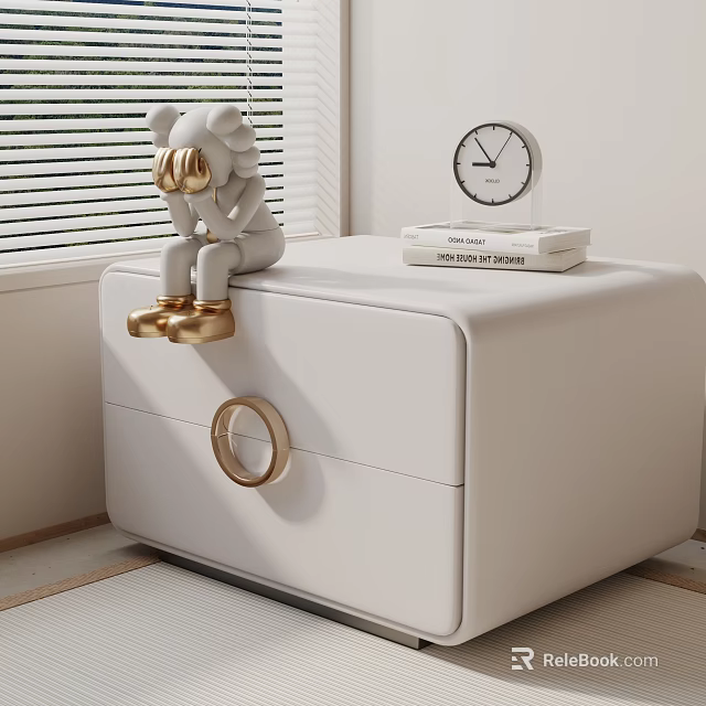 Modern White Bedside Table With Gold Ring Handle Clock And Decorative Figurine 3d model