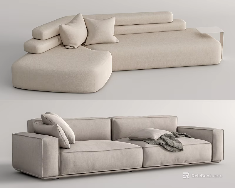 Light Beige L Shaped Sectional Sofa Set with Three Seater Cushions and Throw Blanket 3d model 