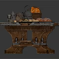 Rustic Wooden Dining Table with Ornate Metal Accents and Food Plates Decor