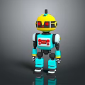 Robot Character With Yellow Head Blue Body And Red Buttons On Reflective Surface 3d model