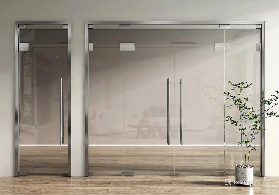 Modern Glass Sliding Doors With Metal Frames In Interior Space With Plant 3d model 