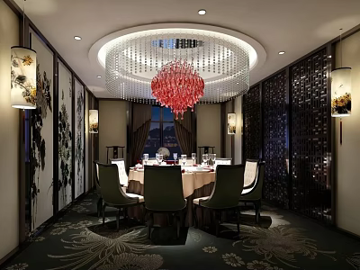 Elegant Traditional Private Dining Room Interior With Round Table Red Chandelier And Decorative Wall Art 3d model