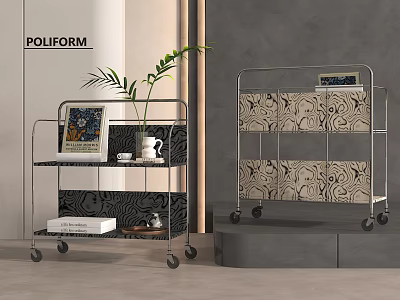 Two Modern Metal Wheeled Shelving Units with Plant Books and Patterned Storage 3d model