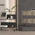 Two Modern Metal Wheeled Shelving Units with Plant Books and Patterned Storage