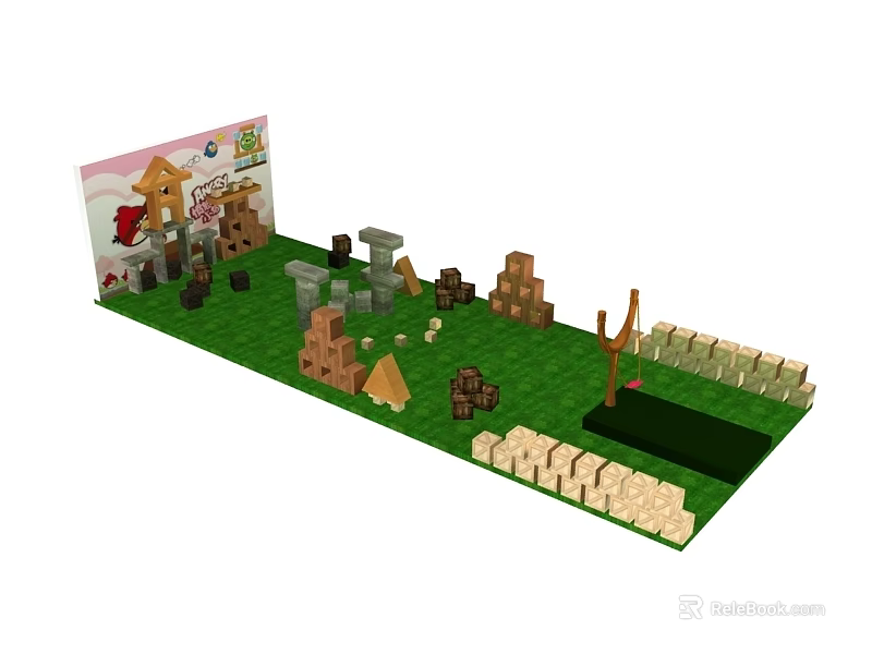 Colorful Block Built Playground Equipment with Small Houses Towers and Fences on Green Lawn 3d model 