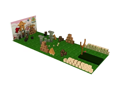 Colorful Block Built Playground Equipment with Small Houses Towers and Fences on Green Lawn 3d model