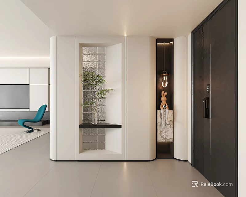 Modern Entryway Interior Design With White Cabinets Glass Partition And Green Plant 3d model 