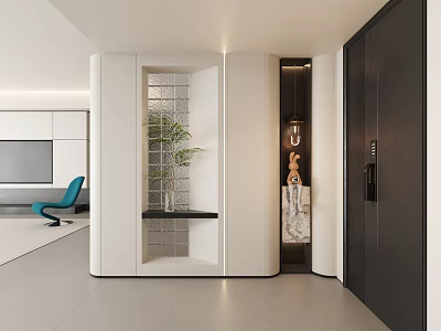 Modern Entryway Interior Design With White Cabinets Glass Partition And Green Plant 3d model