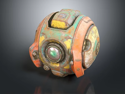 Vintage Weathered Mechanical Device with Orange Green Yellow Accents Circular Lens and Metallic Bolts 3d model