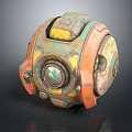 Vintage Weathered Mechanical Device with Orange Green Yellow Accents Circular Lens and Metallic Bolts