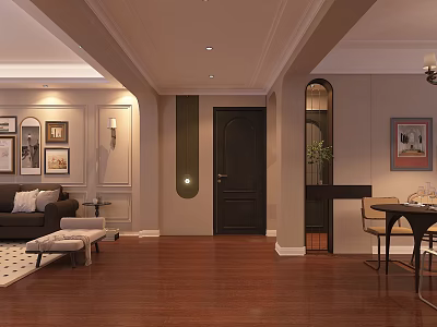 Modern Living And Dining Room With Wooden Floors Sofa Dining Table And Wall Art 3d model