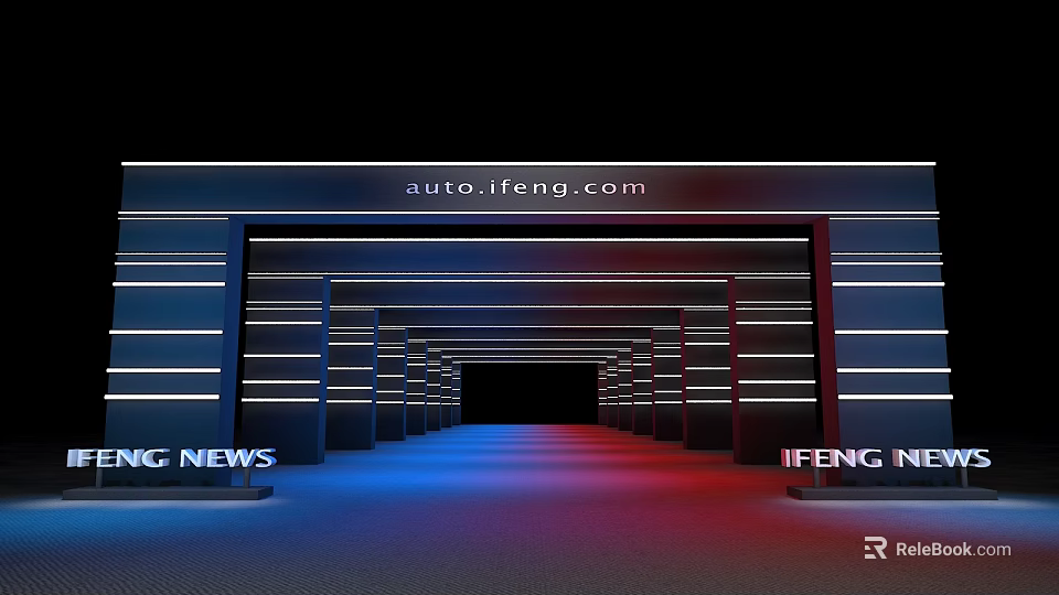 Auto News Exhibition Hall Entrance With Blue Red Lighting And Columns 3d model 
