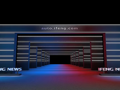 Auto News Exhibition Hall Entrance With Blue Red Lighting And Columns 3d model