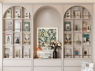 Modern Open Bookcase With Arch Design Shelves Books Decorative Vase Artwork And Storage Drawers 3d model