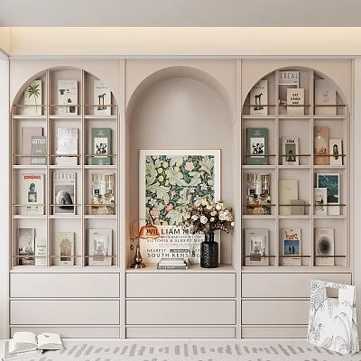 Modern Open Bookcase With Arch Design Shelves Books Decorative Vase Artwork And Storage Drawers 3d model