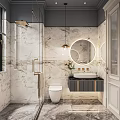 Modern Bathroom Interior Design With Marble Walls Round Backlit Mirror White Toilet And Vanity