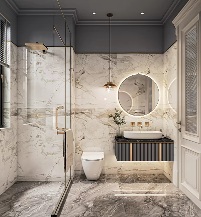 Modern Bathroom Interior Design With Marble Walls Round Backlit Mirror White Toilet And Vanity 3d model