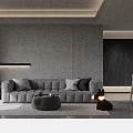 Modern Living Dining Room Interior With Gray Sofa TV Floor to Ceiling Windows And Lighting