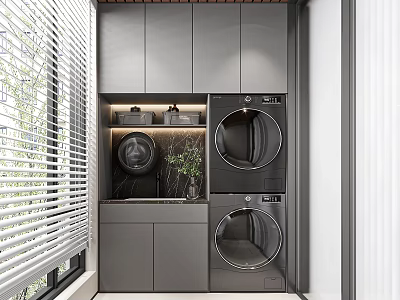 Modern Laundry Room Design With Stacked Washer Dryer Gray Cabinets And Window Blinds 3d model