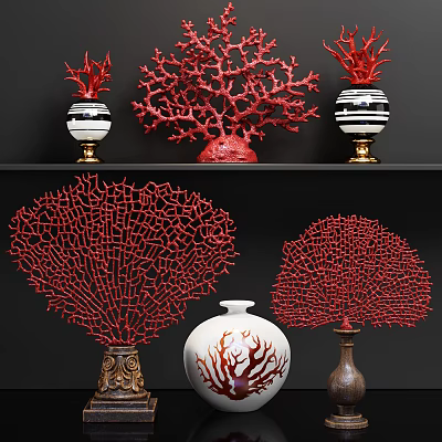 Elegant Red Coral Ornament Set With Decorative Vases And Gold Brown Bases 3d model
