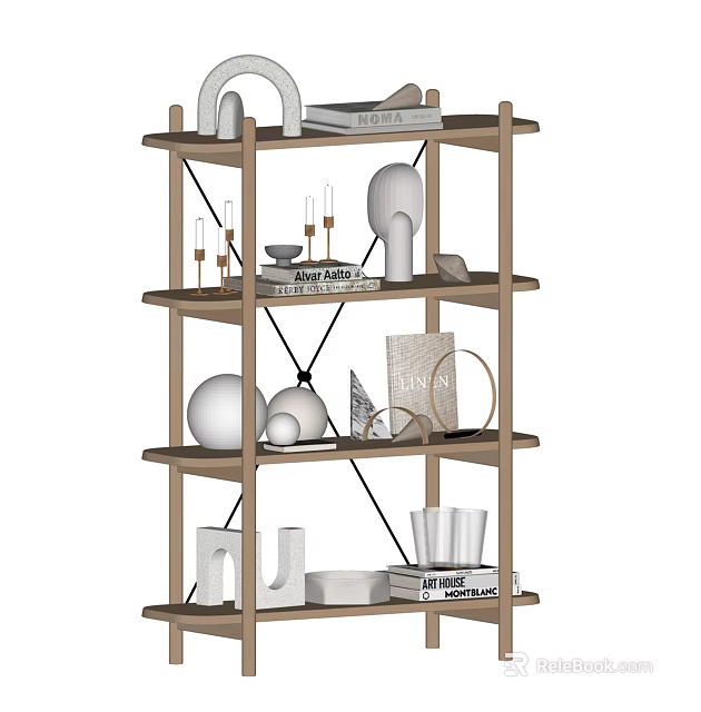Decorative Ornaments Set On Wooden Multi Tier Shelf With Spheres Candles And Books 3d model 