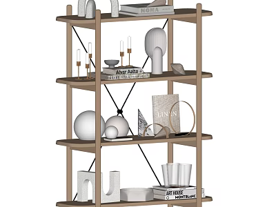 Decorative Ornaments Set On Wooden Multi Tier Shelf With Spheres Candles And Books 3d model