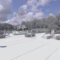 Scenic Square Landscape With Green Lawn Stone Pathways Trees Pedestrians And Flower Beds
