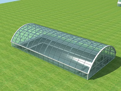 Arched Transparent Glass Structure With Metal Frame On Green Grass Field 3d model