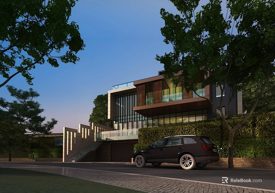 Modern Single Family House Exterior With Large Glass Windows Green Trees And Dark SUV 3d model 