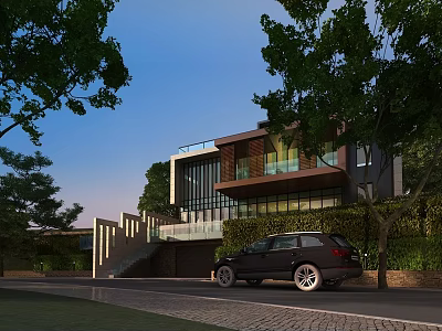 Modern Single Family House Exterior With Large Glass Windows Green Trees And Dark SUV 3d model