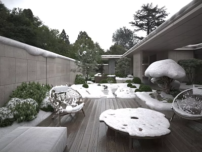 Serene Snowy Courtyard Garden With Wooden Deck Chairs Green Plants And Stone Wall 3d model