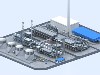 Modern Industrial Plant Featuring Tall Towers Piping Systems Storage Tanks And Blue Roof Structures 3d model