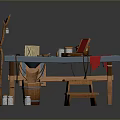 Wooden Workbench With Blue Countertop And Tools Near Wooden Barrel And Small Stool
