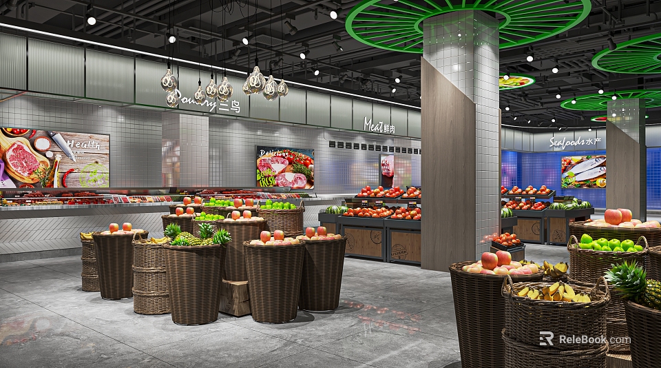 Modern Fruit Store With Bright Interior And Organized Fresh Fruit Displays In Baskets 3d model 
