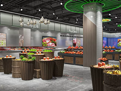 Modern Fruit Store With Bright Interior And Organized Fresh Fruit Displays In Baskets 3d model
