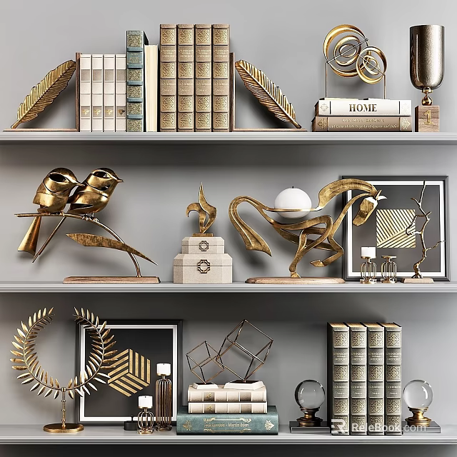 Golden Decorative Ornament Set With Bird Figurines Leaves Horse Books And Frames On Shelf 3d model 