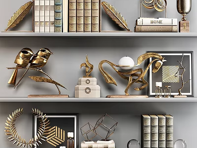 Golden Decorative Ornament Set With Bird Figurines Leaves Horse Books And Frames On Shelf 3d model