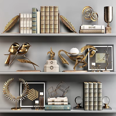 Golden Decorative Ornament Set With Bird Figurines Leaves Horse Books And Frames On Shelf 3d model