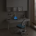 Study Room Interior Design With White Desk Blue Chair Louvered Cabinet And Wooden Floor