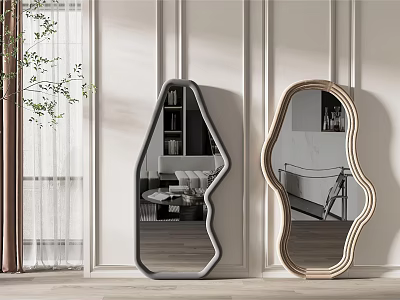 Unique Shaped Mirrors With Grey And Gold Frames Against White Wall With Plant Curtain 3d model
