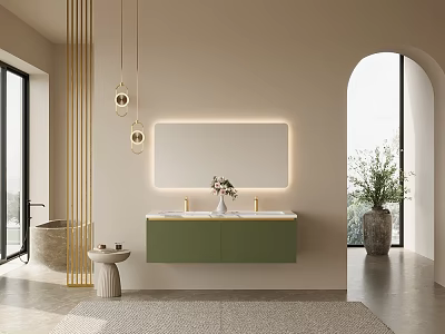 Modern Bathroom Vanity Cabinet With Green Double Sink Lighted Mirror And Gold Accents 3d model