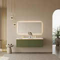 Modern Bathroom Vanity Cabinet With Green Double Sink Lighted Mirror And Gold Accents