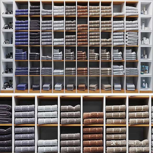 Bathroom Cabinet Rack With Neatly Stacked Colorful Towels And Storage Shelves 3d model 