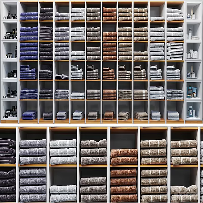 Bathroom Cabinet Rack With Neatly Stacked Colorful Towels And Storage Shelves 3d model