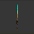 Ornate Fantasy Sword With Turquoise Blade Golden Decoration And Green Gemstone
